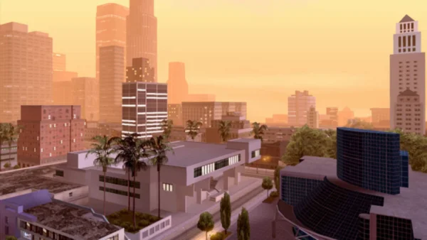 MOD APK 8 Sunset over a stylized cityscape with a mix of skyscrapers and low-rise buildings.