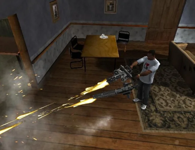 MOD APK 4 A character firing a minigun inside a room, with shell casings and sparks flying.